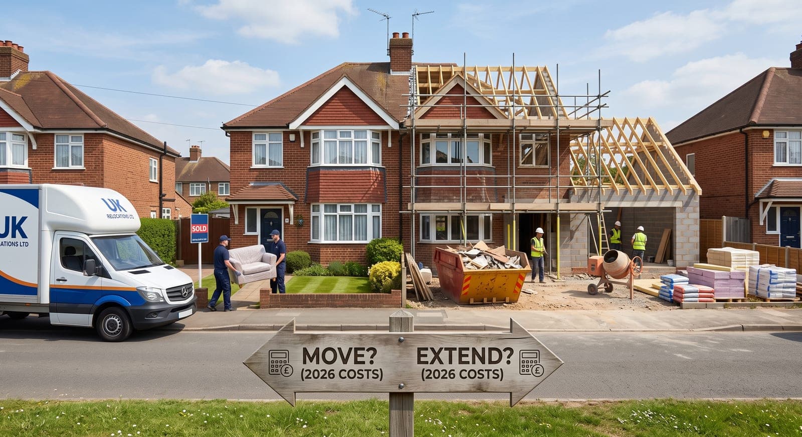 a generated image of a typical UK suburban semi-detached house. On the left, some relocators are moving furniture, on the right, there are construction workers building a side extension and a loft conversion