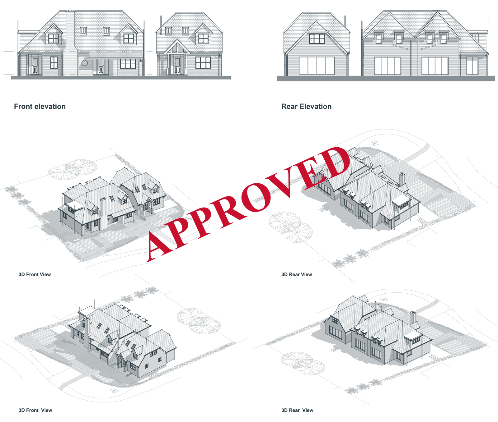 Elevations and 3D views of three new houses at North Weald Bassett, stamped approved in red