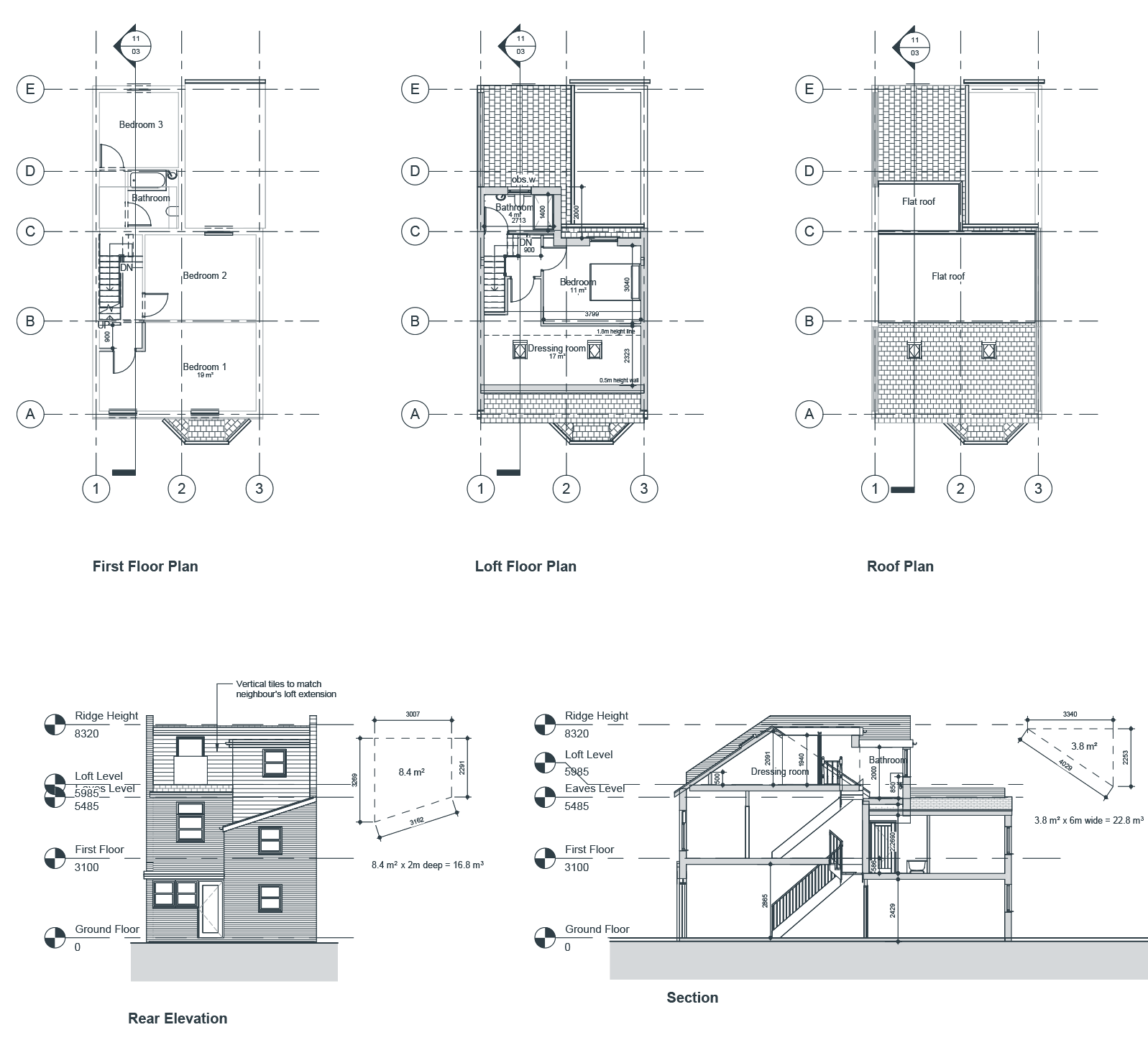 Plans, rear elevation and section of a loft conversion with a rear dormer, Ilford