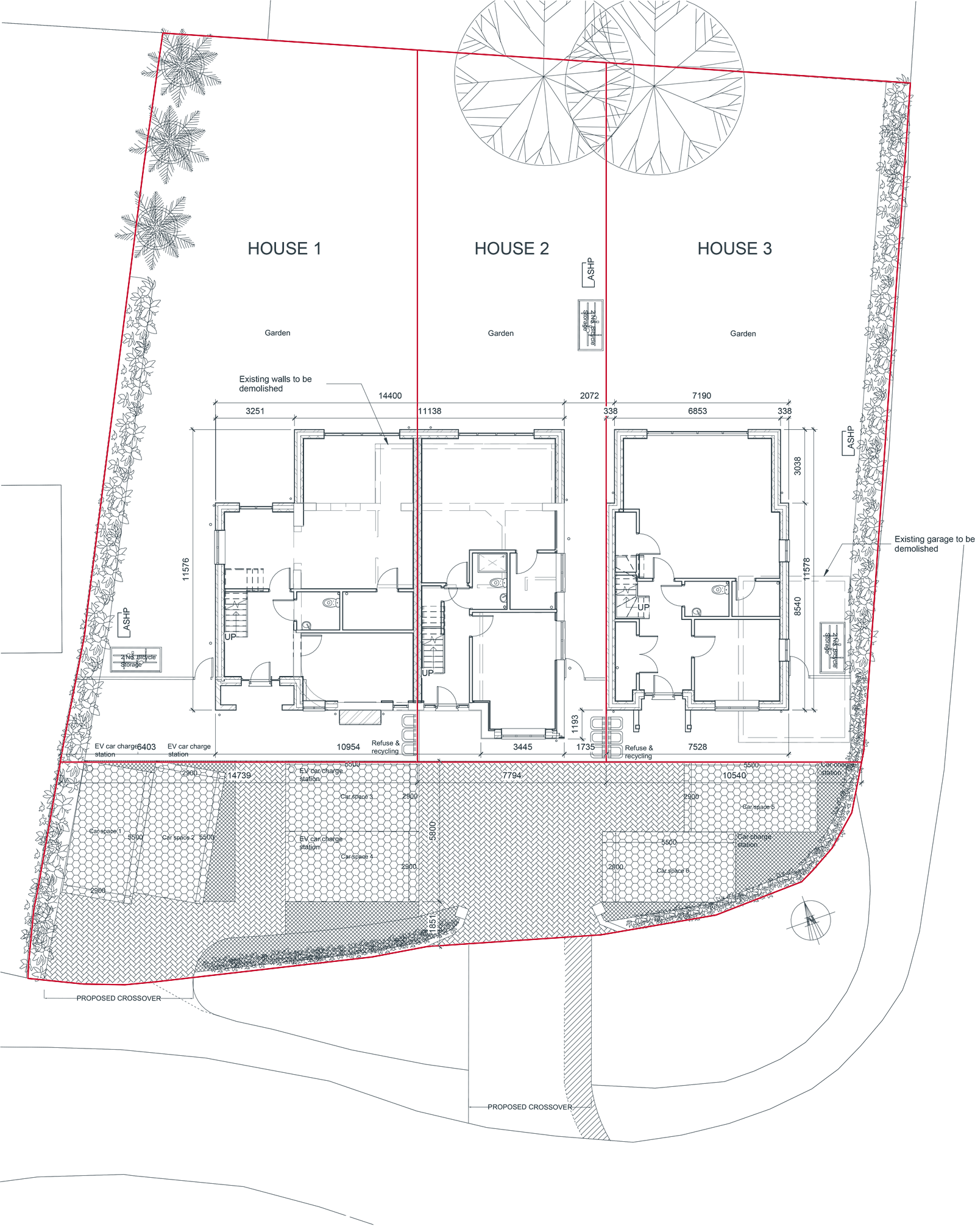 Site plan for three new houses at North Weald Bassett, the plots outlined in red