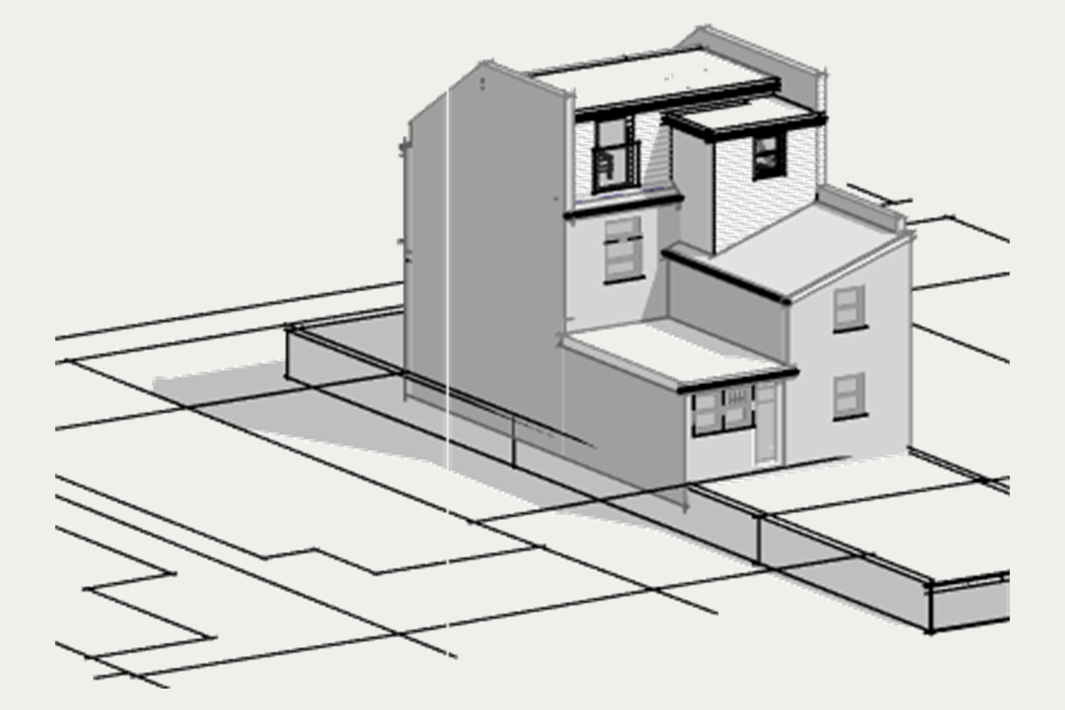 Three-dimensional rear view of a terraced house in Ilford with a new loft dormer