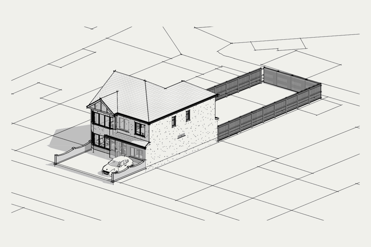 Three-dimensional front view of a house at Cecil Avenue, Hornchurch, with a first-floor side extension