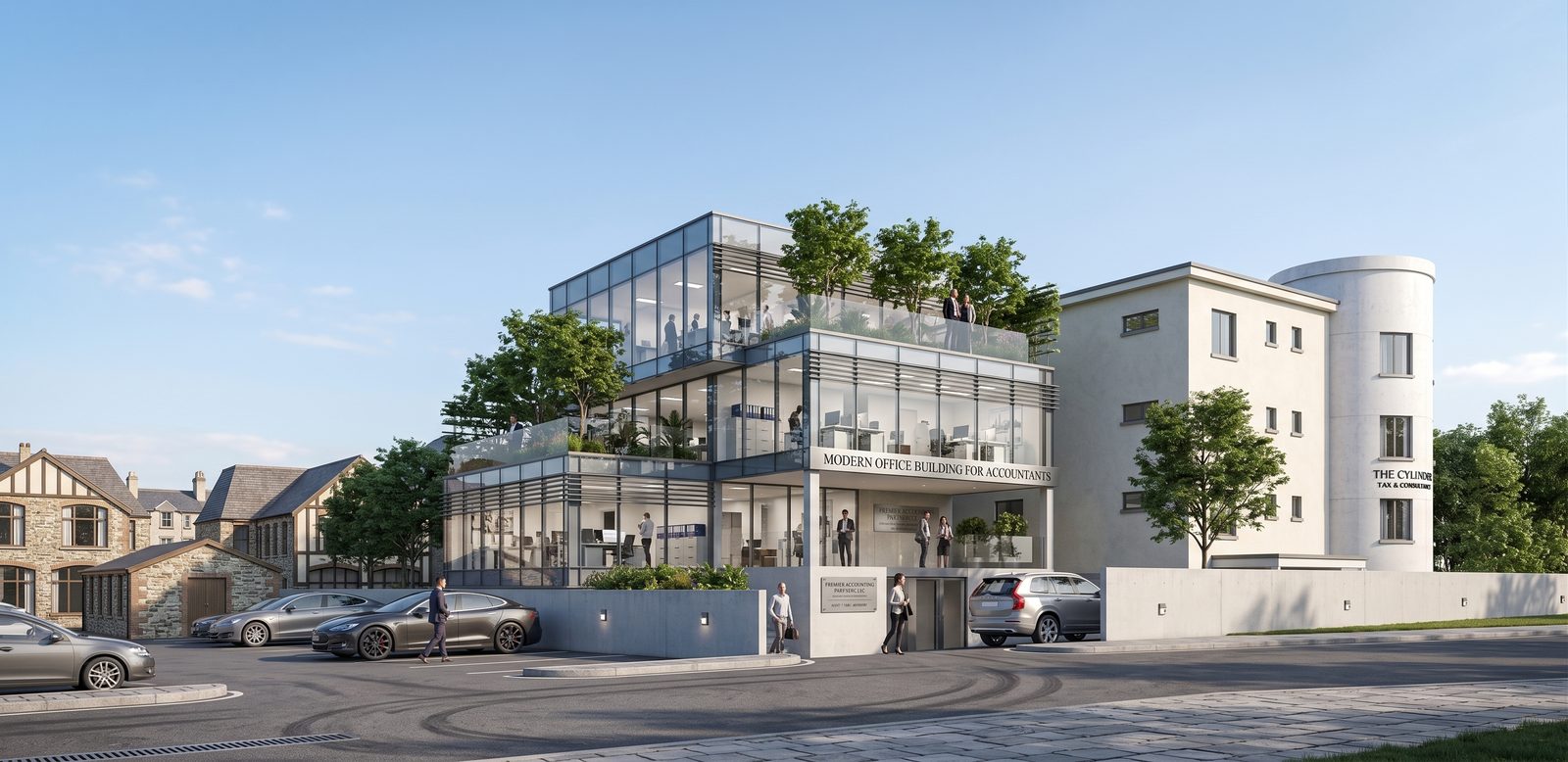 Option 1: a fully glazed office with planted terraces on each floor, visualised from the street