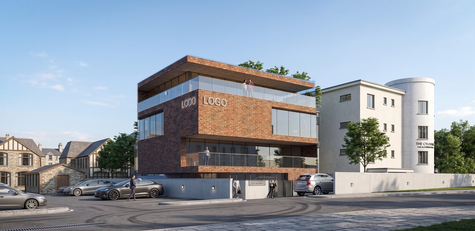 Option 2: a brick office with the top floor cantilevered over the entrance, on the same street view