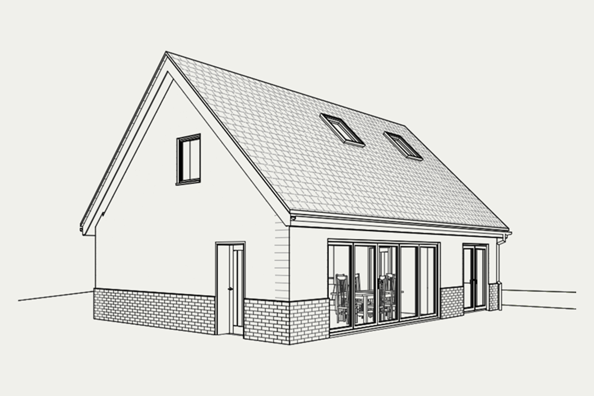Three-dimensional view of the converted garage building at Maulden, with new doors and rooflights