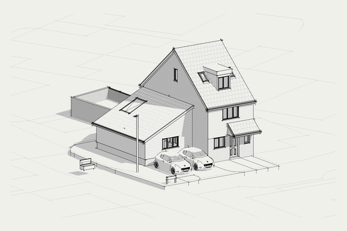 Three-dimensional front view of Holmes Lane with the garage converted and a new single-storey side extension