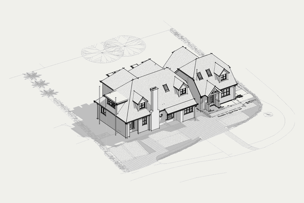 Three-dimensional view of the three proposed houses at North Weald Bassett, from the construction drawing set