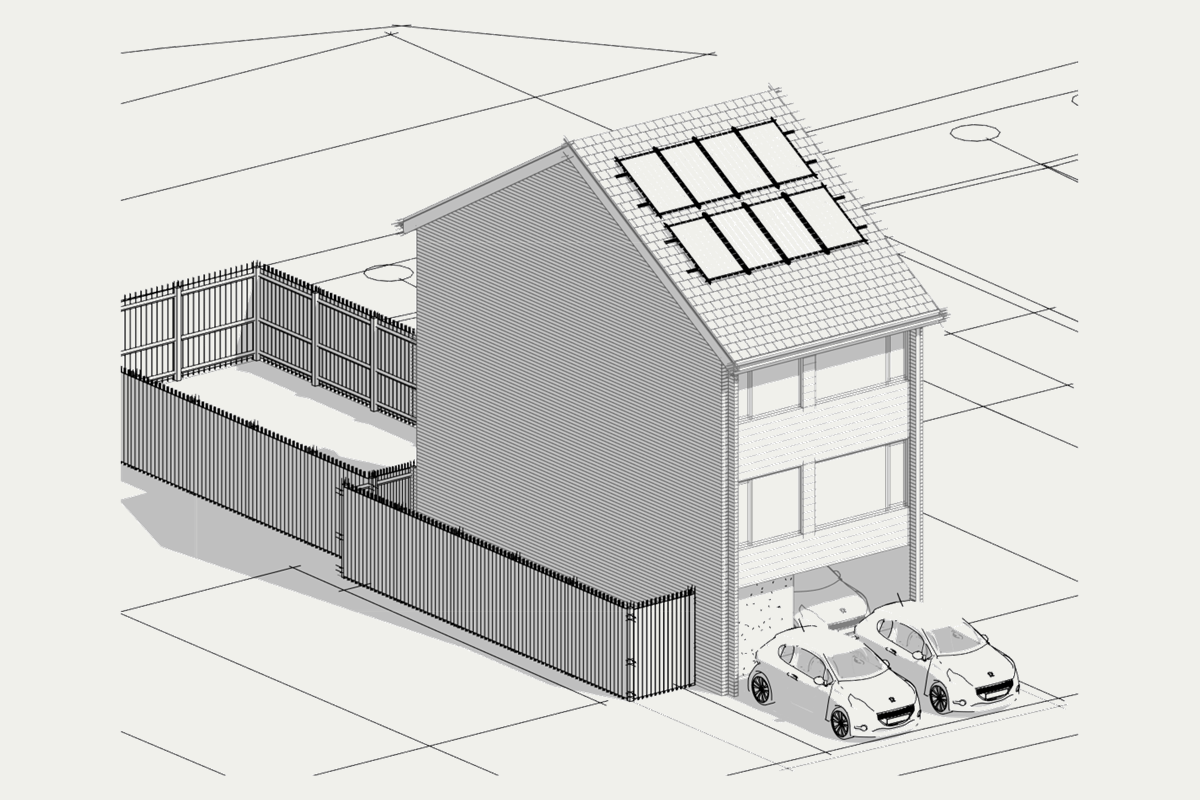 Three-dimensional front view of a new house at Woodside View, Benfleet, with solar panels on the roof